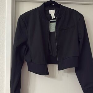 Zip Up Crop Bomber Jacket black Twill H&M size medium very cute
